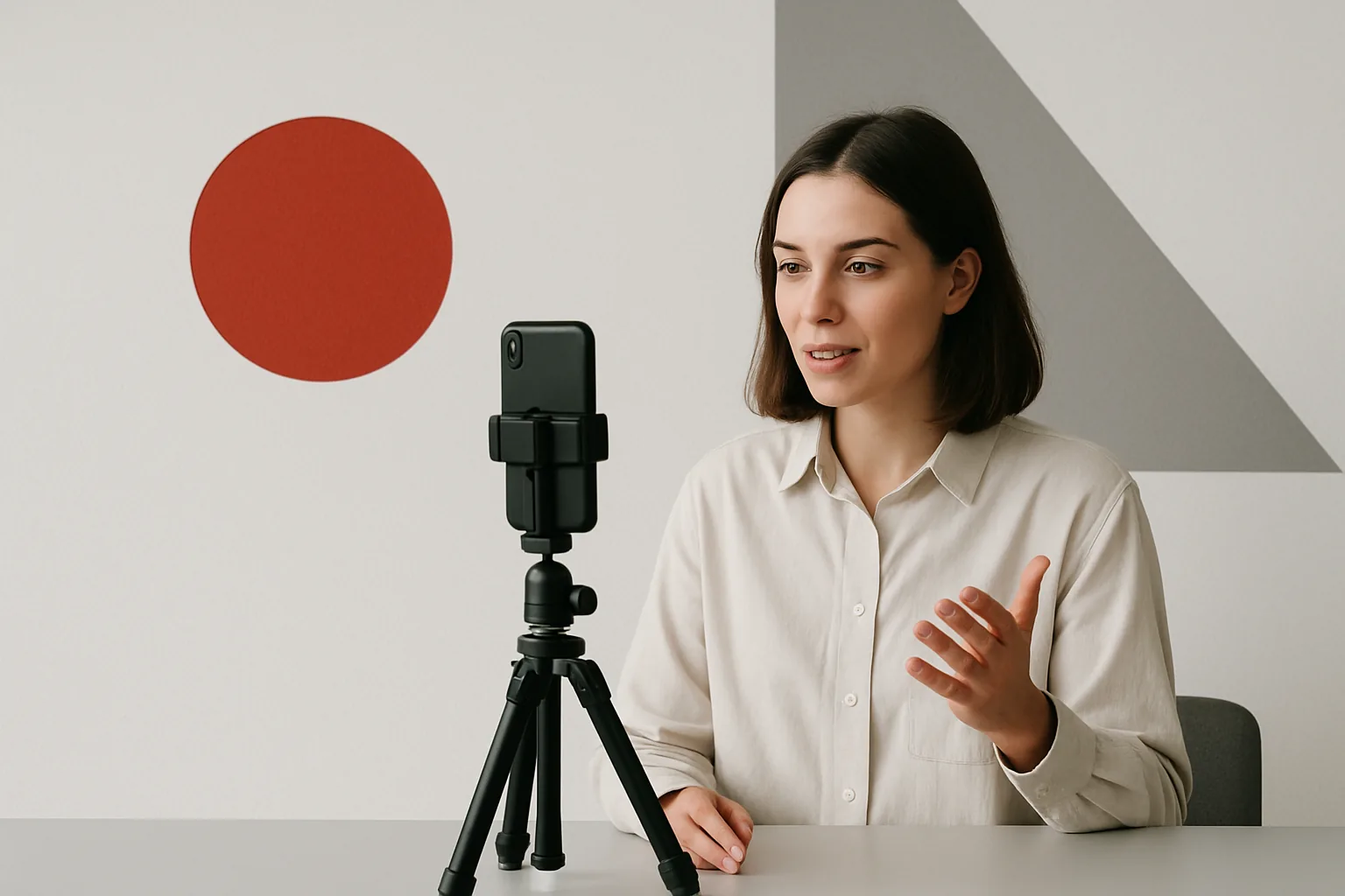 Cámara grabando video en un negocio con fondo de redes sociales.